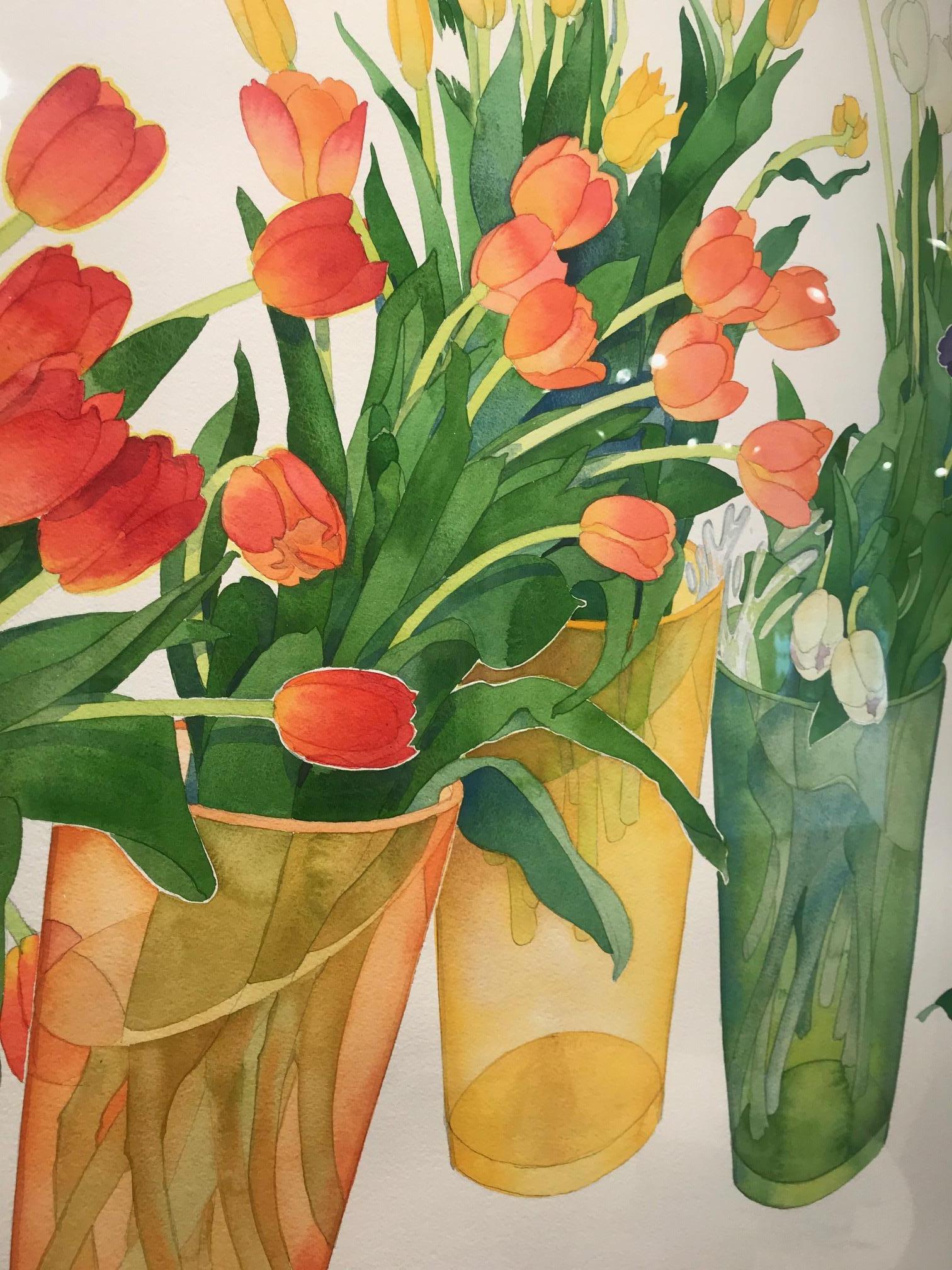 'Rainbow Tulips' original watercolor painted in 2018/19. Large work at 40 x 60 inches, in multi-color including an explosion of red, blue, green, yellow, purple and gold. The flower filled vases appear to be falling upward, caught in flight. An