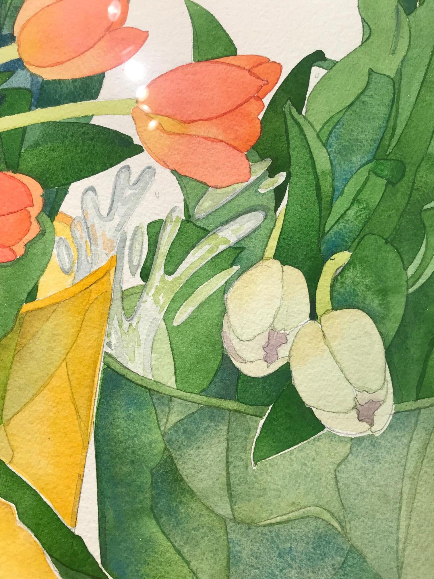 Rainbow Tulips / large watercolor - 40 x 60 inches - Beige Still-Life Painting by Gary Bukovnik