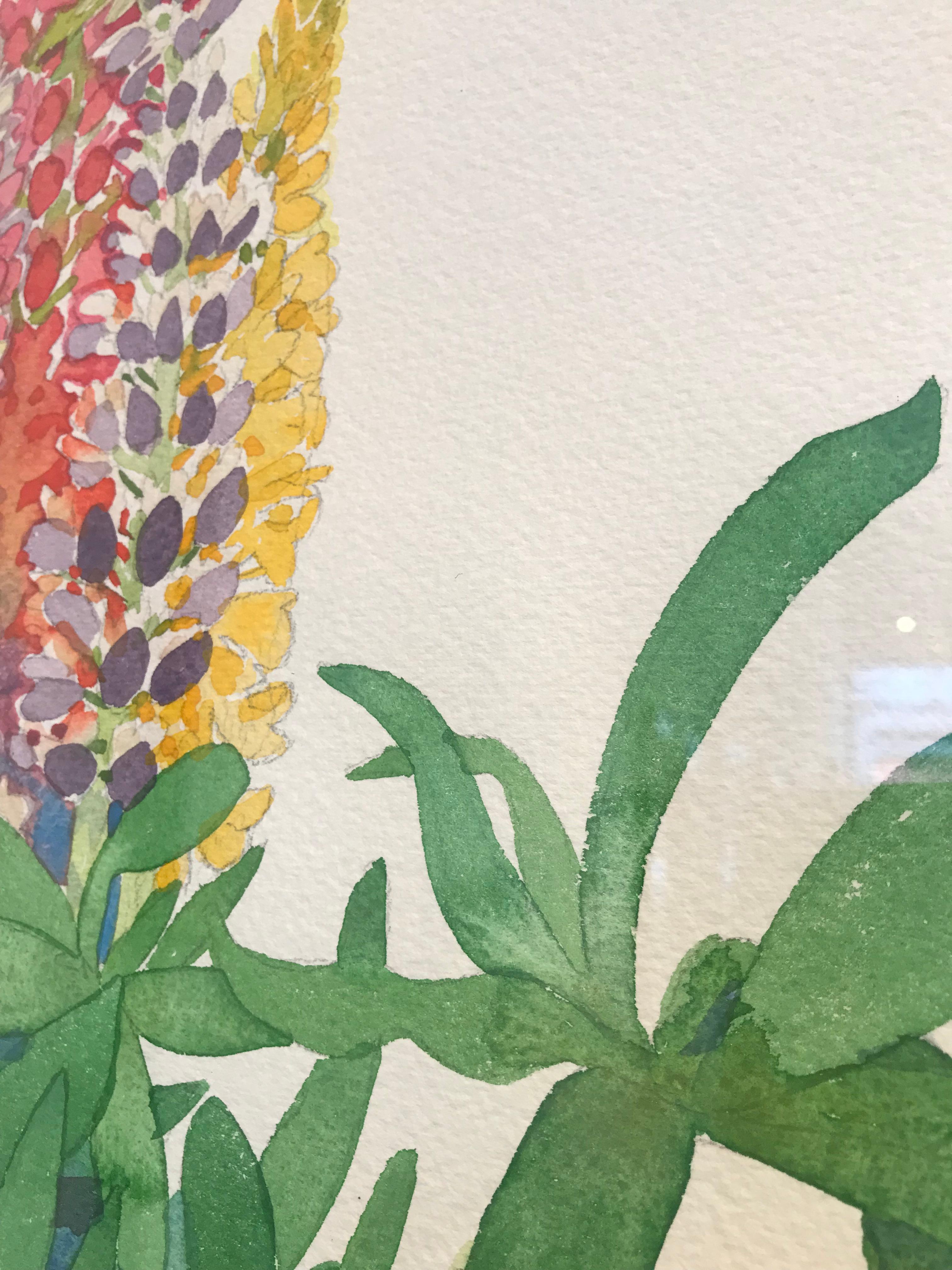 Lupine in a Tall Vase / brilliant floral watercolor in multicolor - serene - Contemporary Painting by Gary Bukovnik