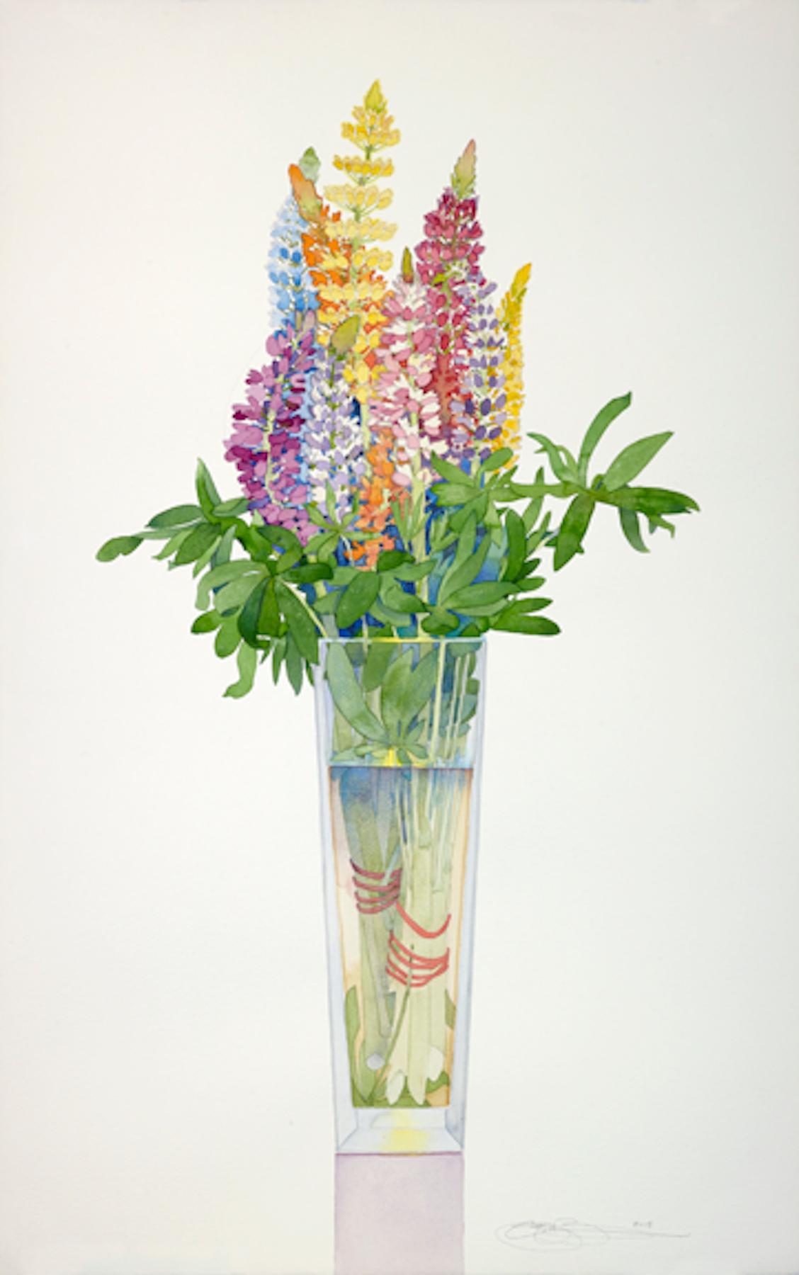 Gary Bukovnik Still-Life Painting - Lupine in a Tall Vase / brilliant floral watercolor in multicolor - serene