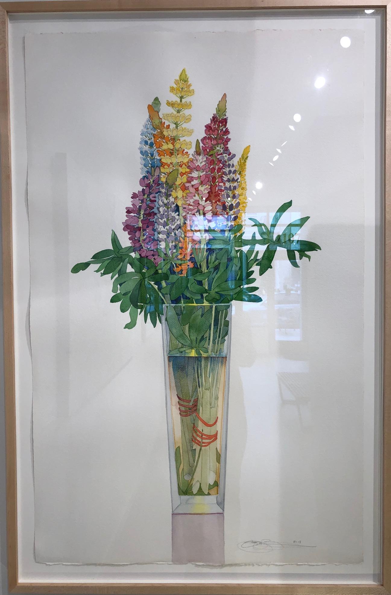 Lupine in a Tall Vase / brilliant floral watercolor in multicolor - serene - Beige Still-Life Painting by Gary Bukovnik