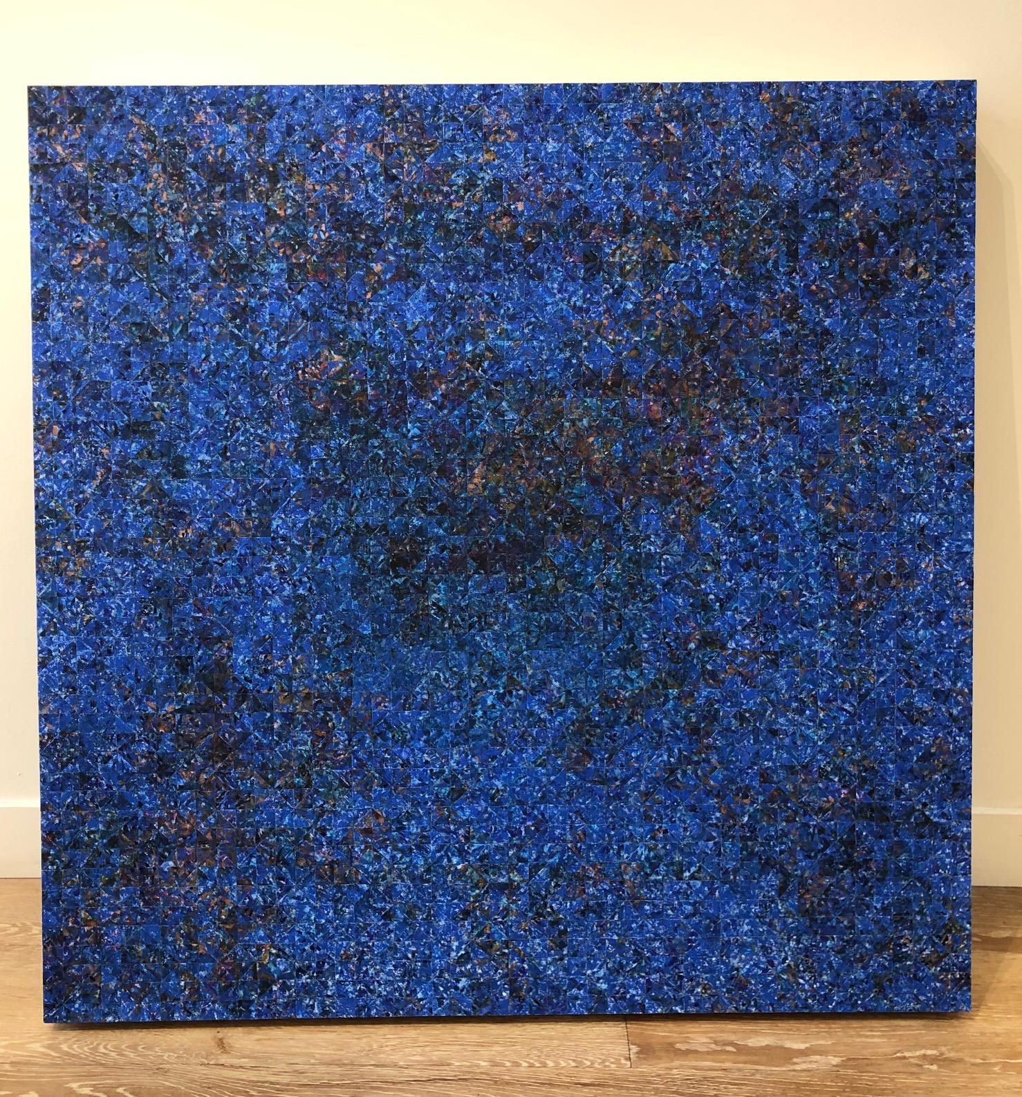 Nocturne at One / Blue contemporary geometric mosaic painting on wood panel - Art by Irene Zweig