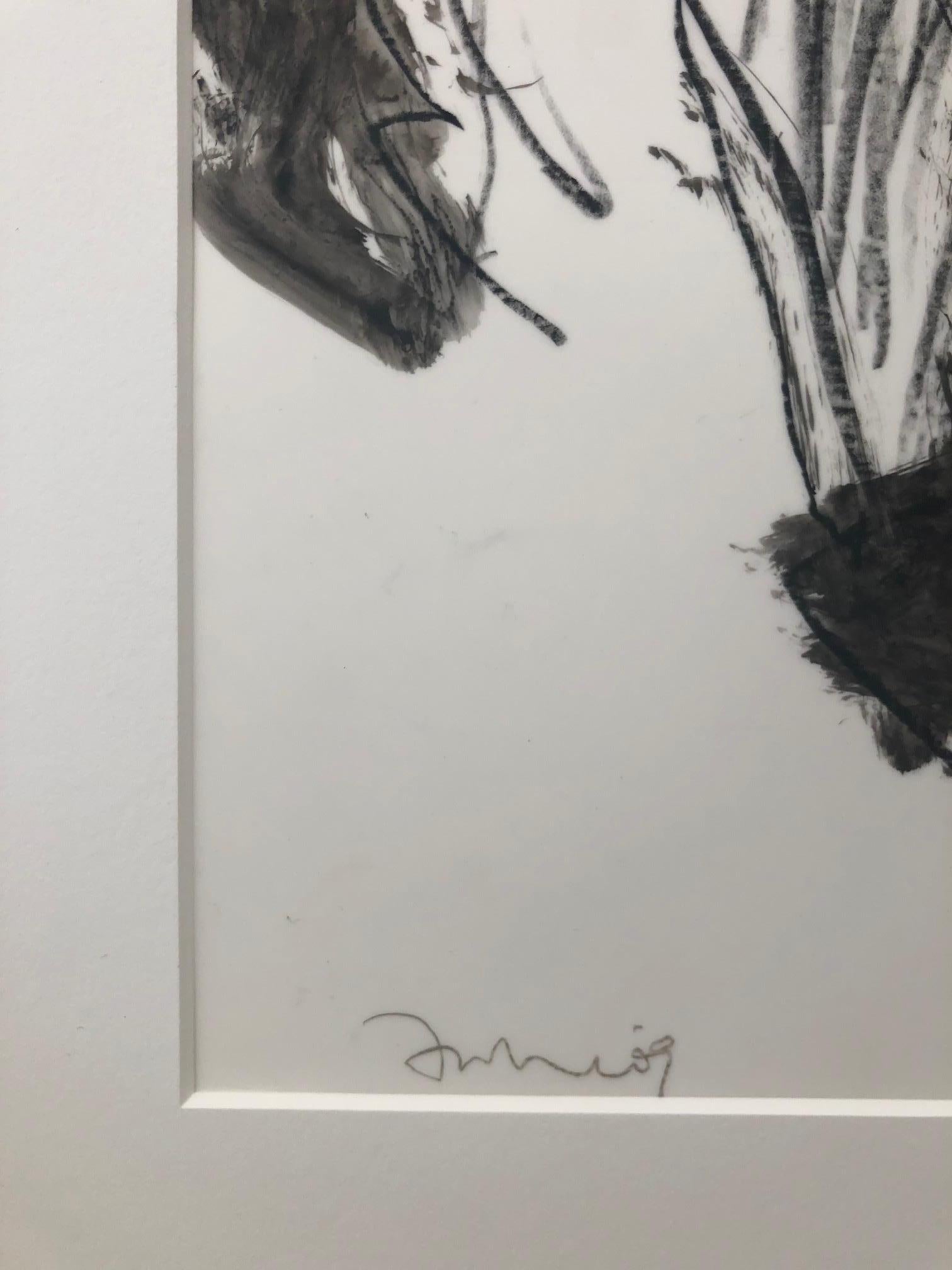 Motherhood Ahead is created with china crayon, ink wash on Yupo paper and comes matted and backed in a museum quality presentation mat. The pensive young woman's head is monochrome black and white. A lovely figurative drawing created with mixed