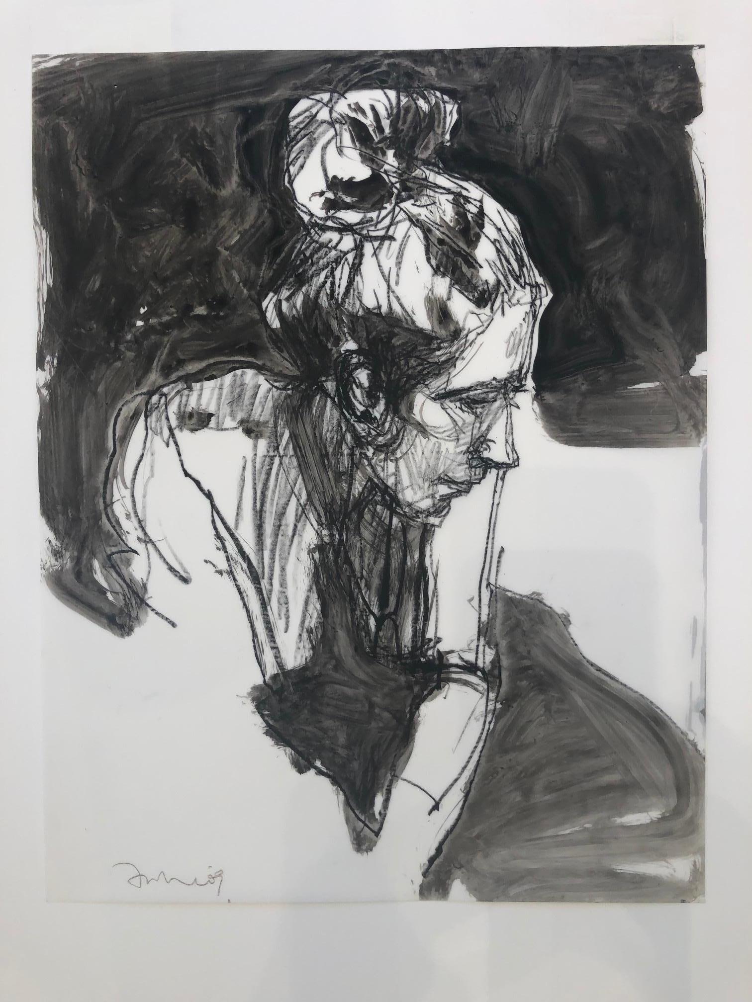 Motherhood Ahead / portrait head drawing, ink, pencil, watercolor, monochrome