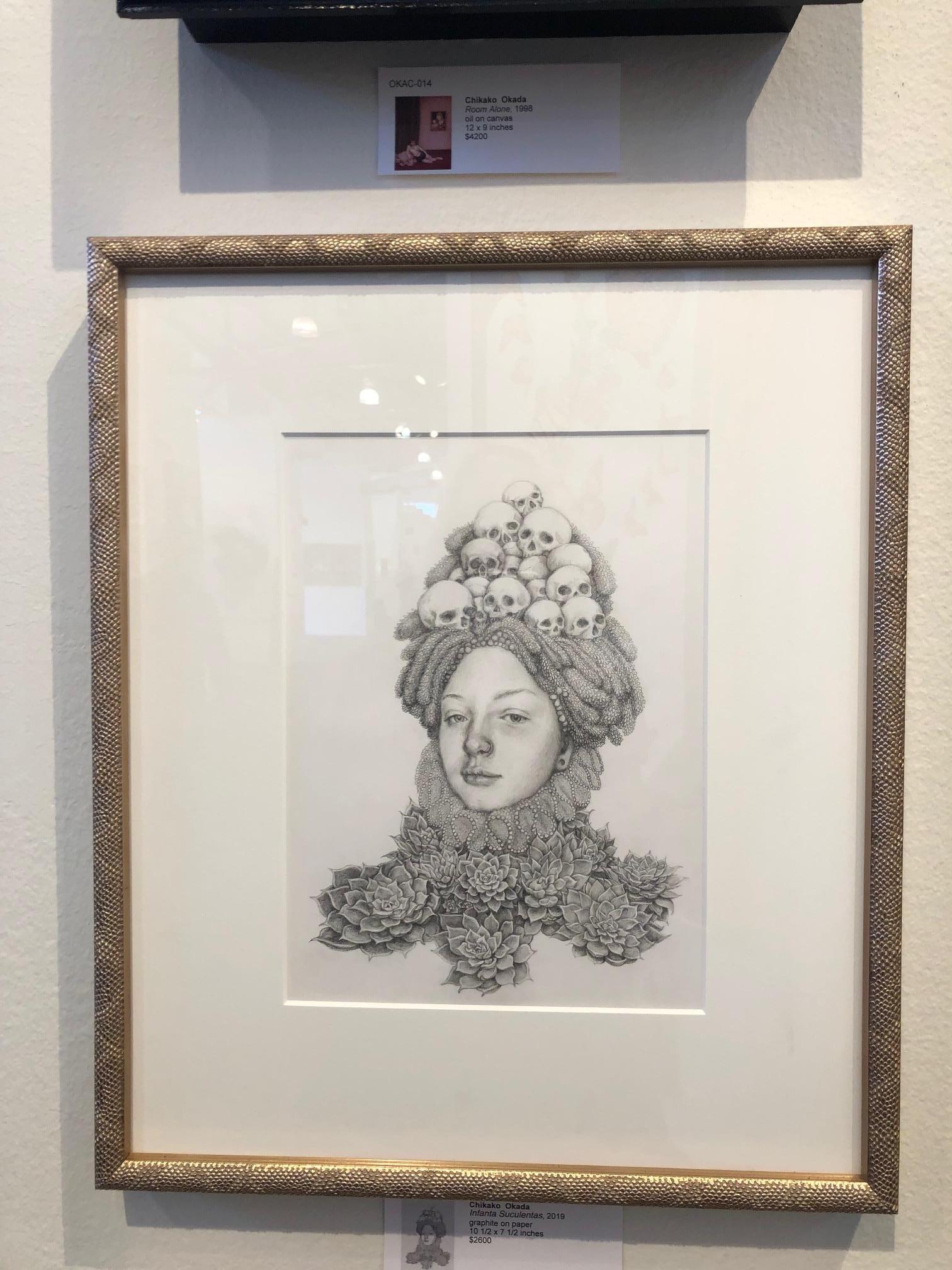 Infanta Suculentas, - graphite pencil drawing - woman with skulls & succulents - Art by Chikako Okada