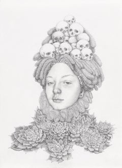 Infanta Suculentas, - graphite pencil drawing - woman with skulls & succulents