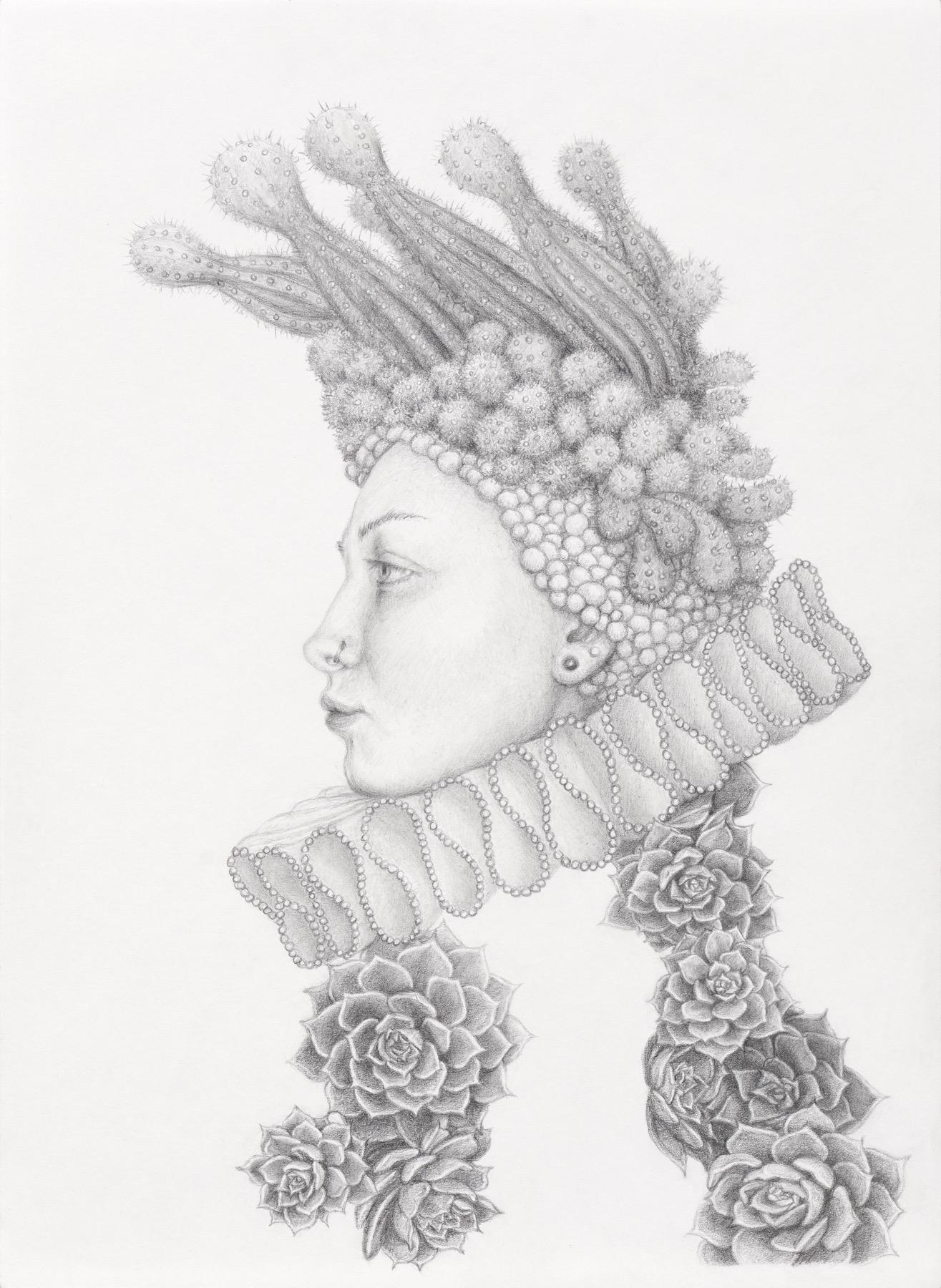 Chikako Okada Figurative Art - Infanta Futura- graphite pencil drawing - woman with cactus and succulents