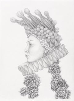 Infanta Futura- graphite pencil drawing - woman with cactus and succulents