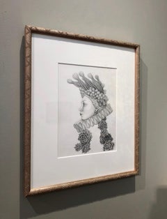 Infanta Futura- graphite pencil drawing - woman with cactus and succulents