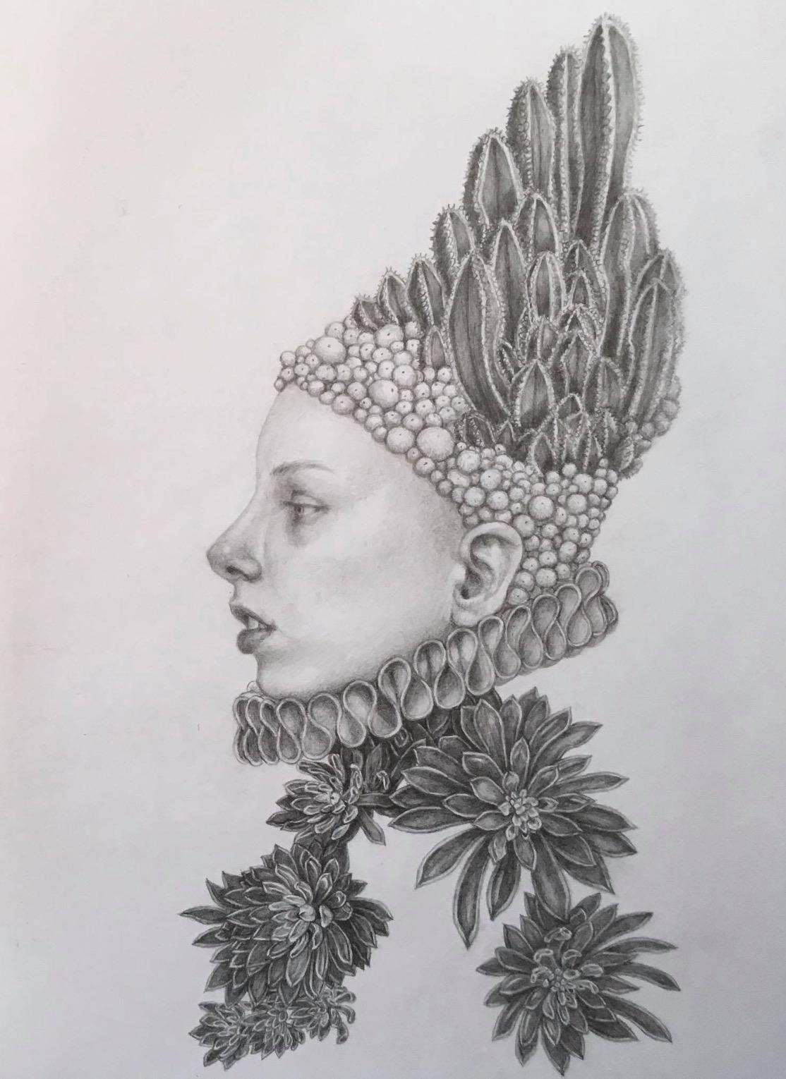 Infanta Dolor - Graphit-Bleistiftzeichnung - Frau mit Kaktus und Skulpturen