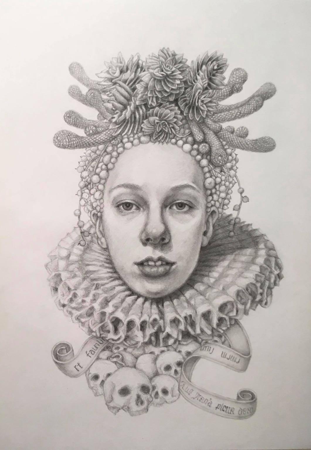 Infanta Soledad- Graphit-Bleistiftzeichnung - Frau mit Schädeln und Skulpturen