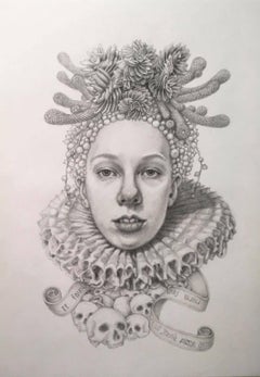 Infanta Soledad- dibujo a lápiz grafito - mujer con calaveras y suculentas