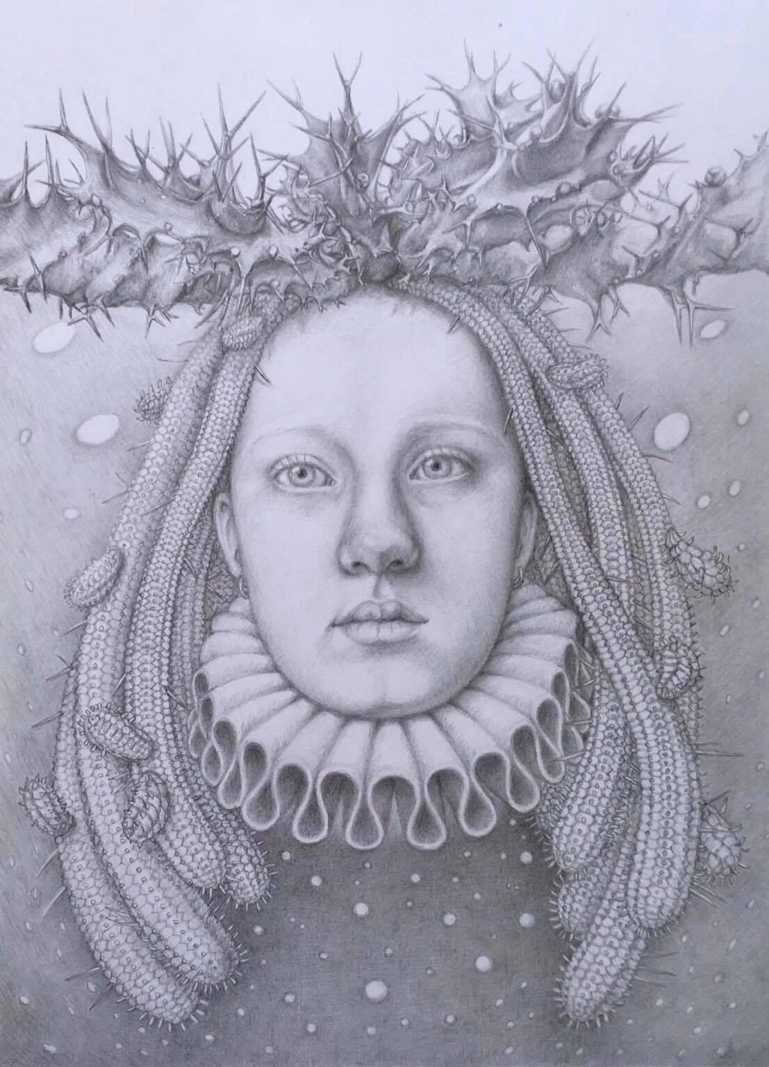 Infanta Nocturna - pencil drawing - woman with cactus & victorian collar