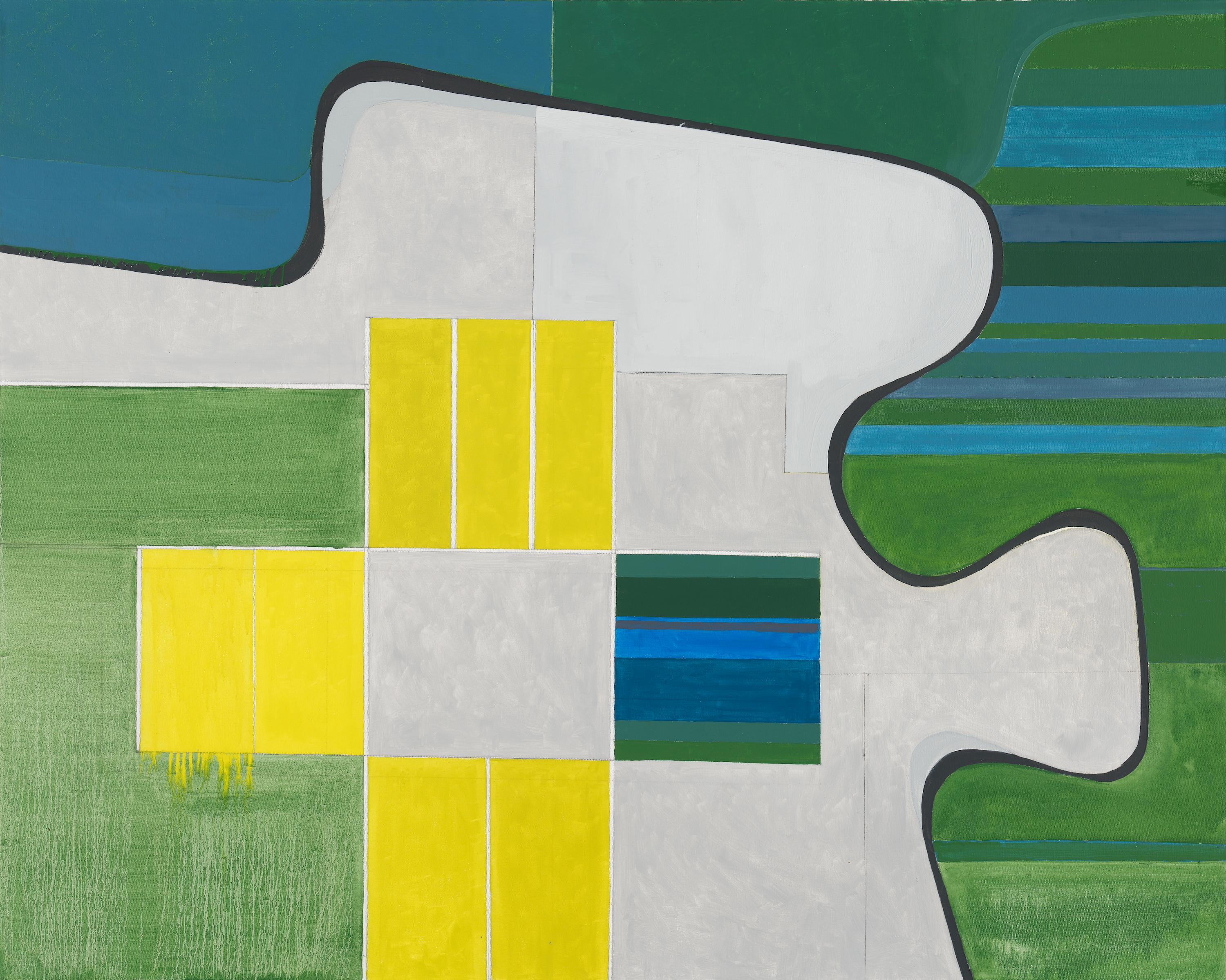 Landschaft Nr. 4 / abstrakte Geometrie, Architektur, Bauernhof, 4x5 Fuß – Painting von Javier Arizmendi-Kalb