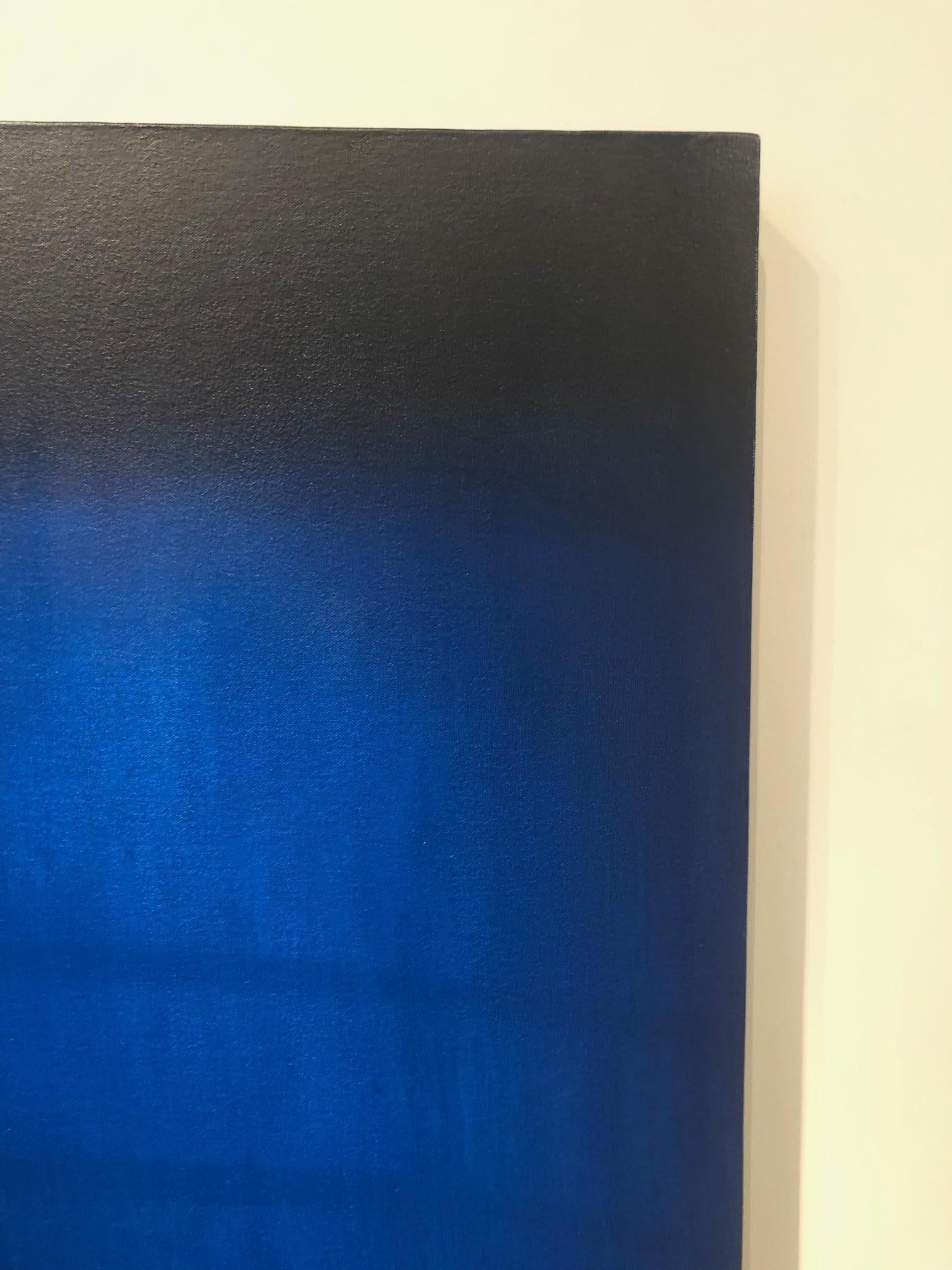 Blue is the focus of this abstract oil on canvas painting by artist Anne Subercaseaux, whose gleaming oil paintings realistically bridge urban with rural in the form of representational fragmented depictions of contemporary architecture, including