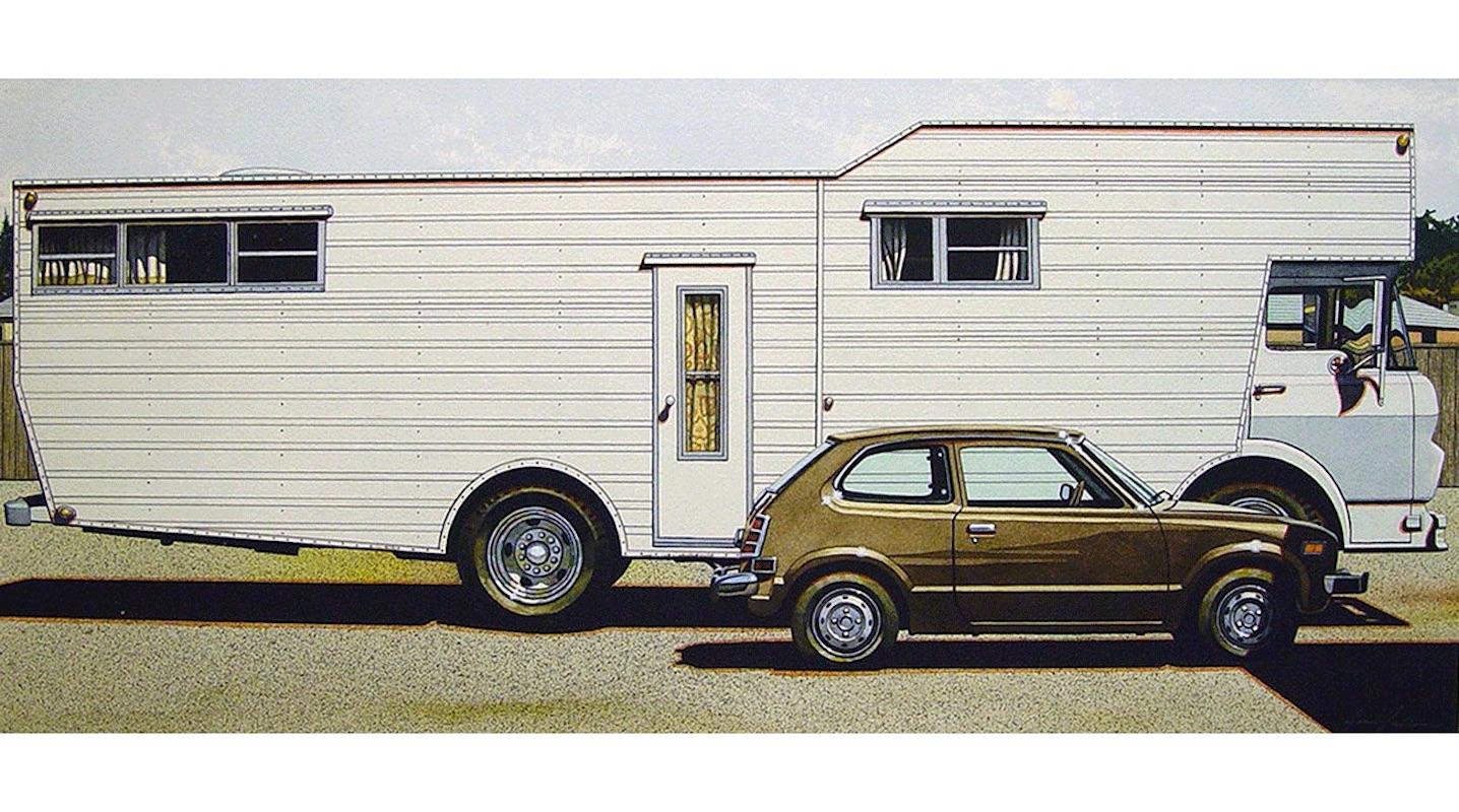 Mobile Home with Honda - original watercolor, 1974 - Art by James Torlakson