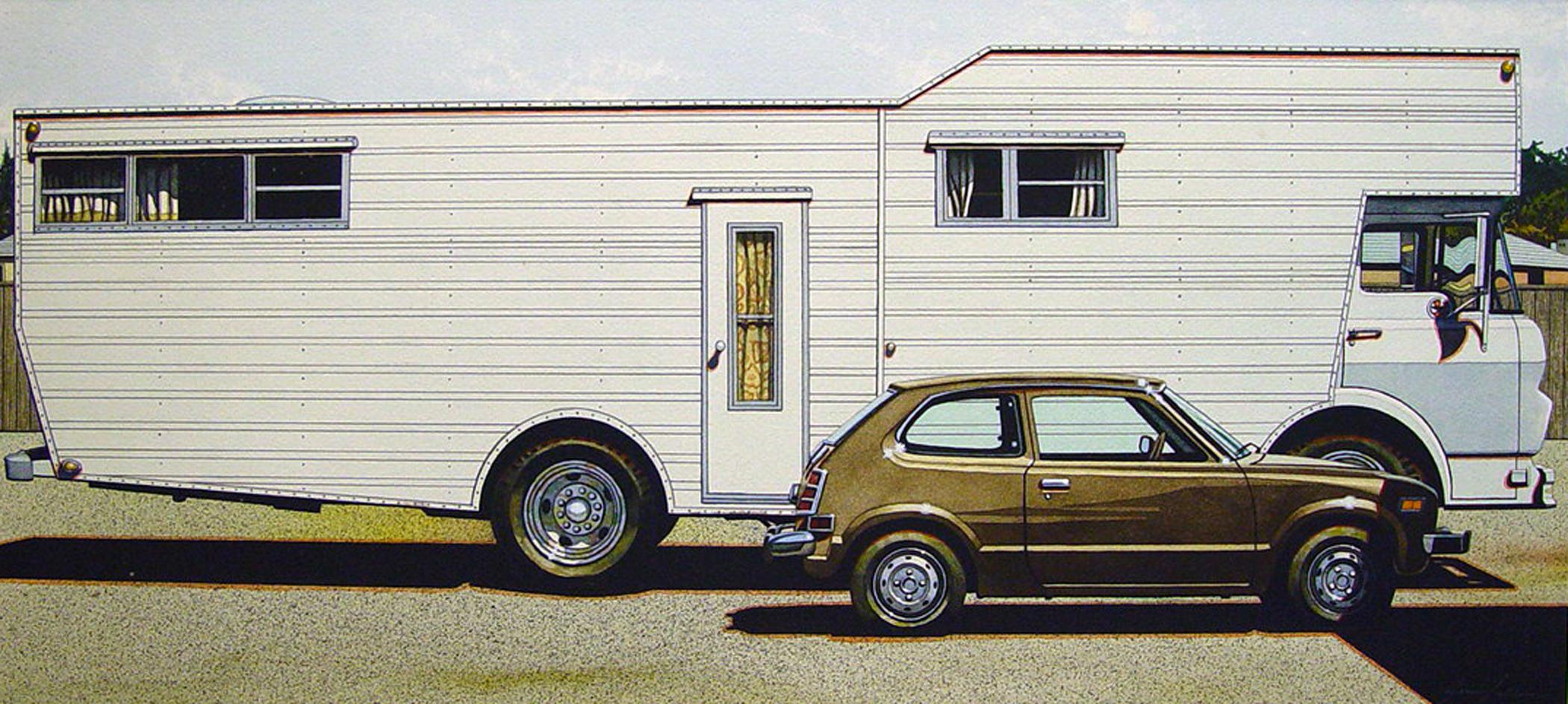 Mobile Home with Honda - aquarelle originale, 1974 - Réalisme américain Art par James Torlakson