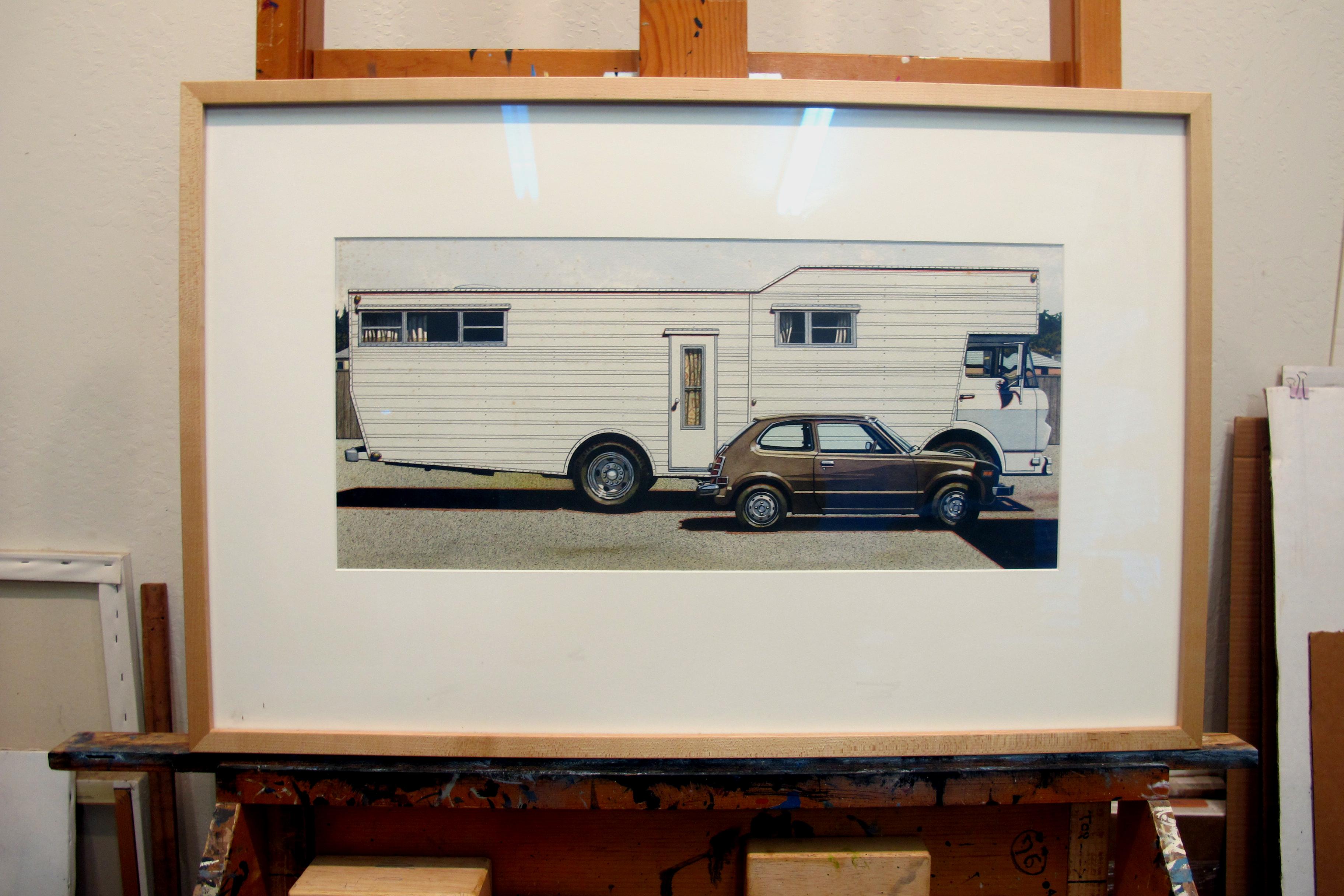 Mobile Home with Honda - original watercolor, 1974 - American Realist Art by James Torlakson