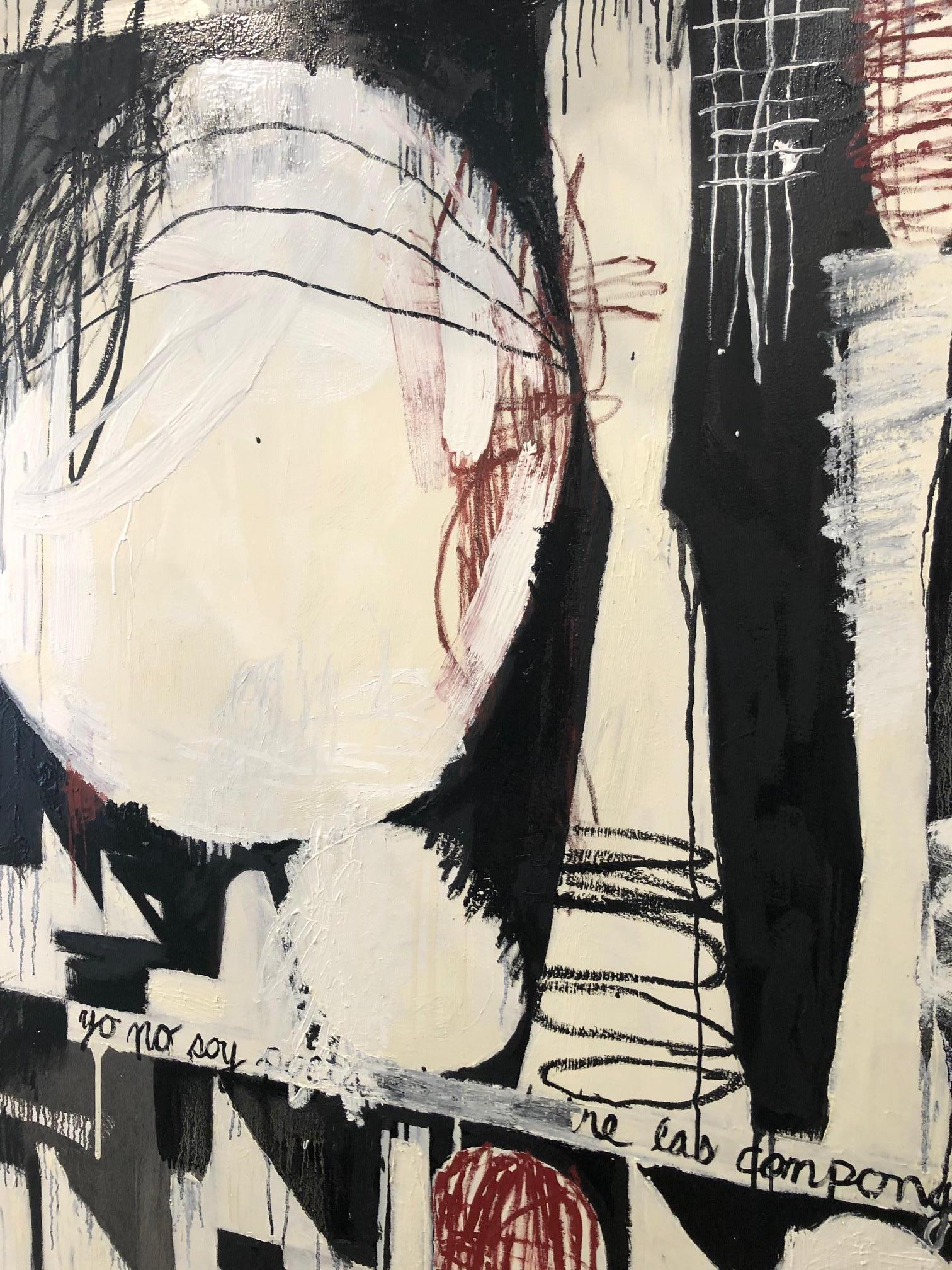 Action painting in mainly black and white with cream, brown and ivory, 'Tu Que Eres Poeta,' by Mexican-American contemporary visual artist and celebrated architect Javier Arizmendi-Kalb, who creates autobiographical paintings that are comprised of