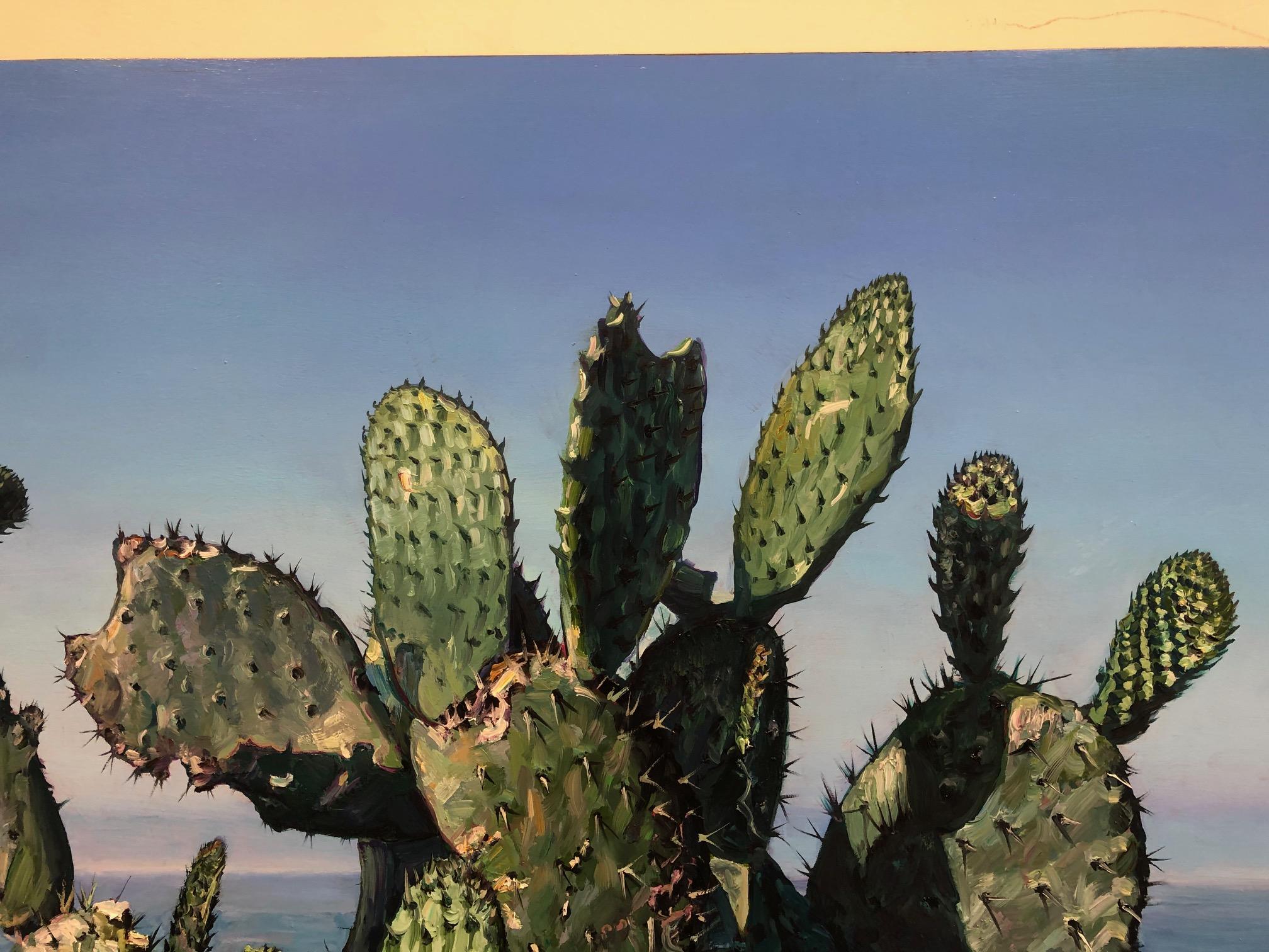 Desert cactus and the sea pictured in 'Emergence: Shadows and Light' where the artist uses cactus as a vehicle for exploring and recognizing the nuances of shadows (dark or hidden places), as well as the luminous, surface places—and all the varying