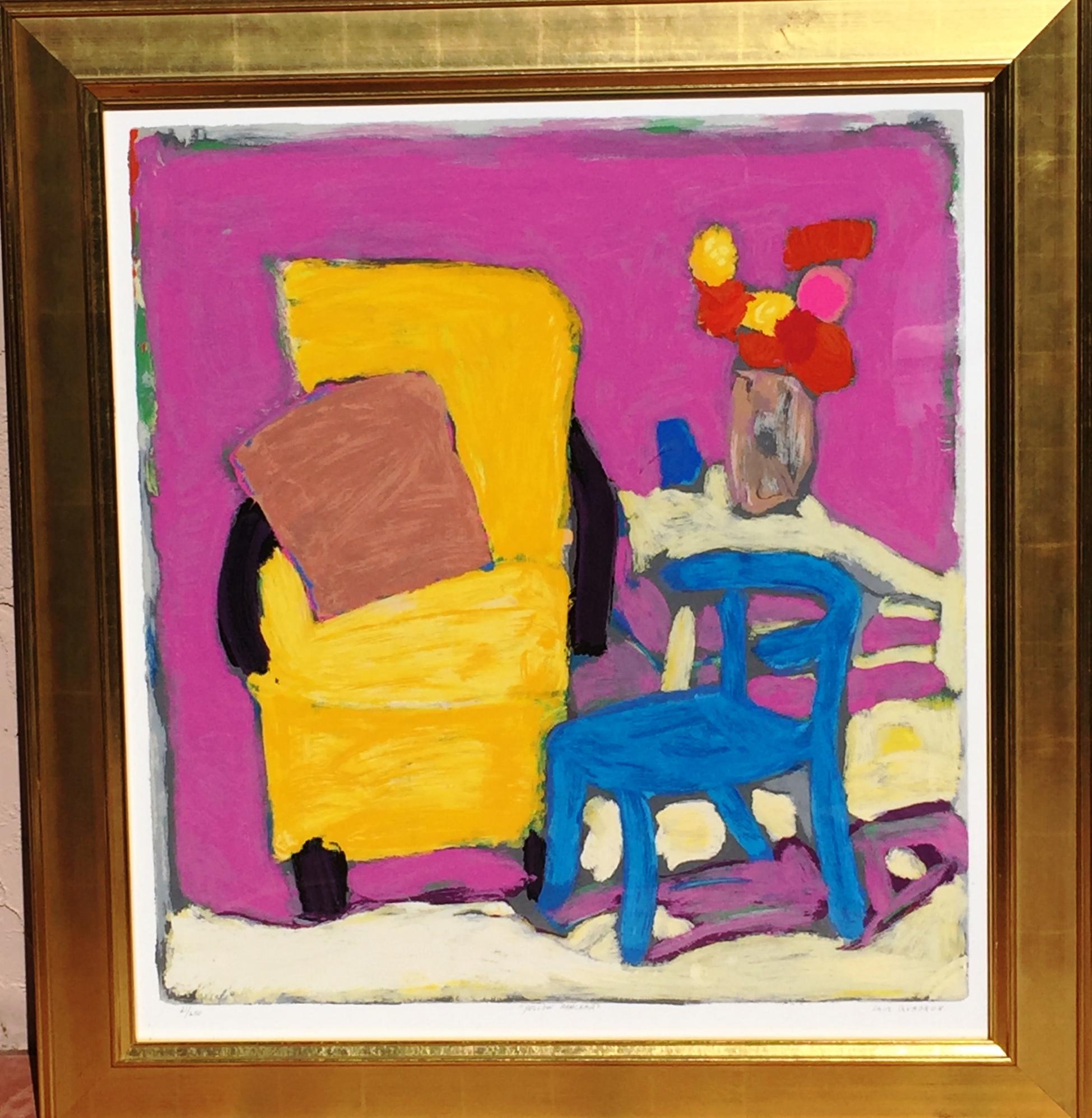 Shir Shvadron Still-Life Print - Yellow Armchair Blue Pink Contemporary Still Life Raised Silkscreen