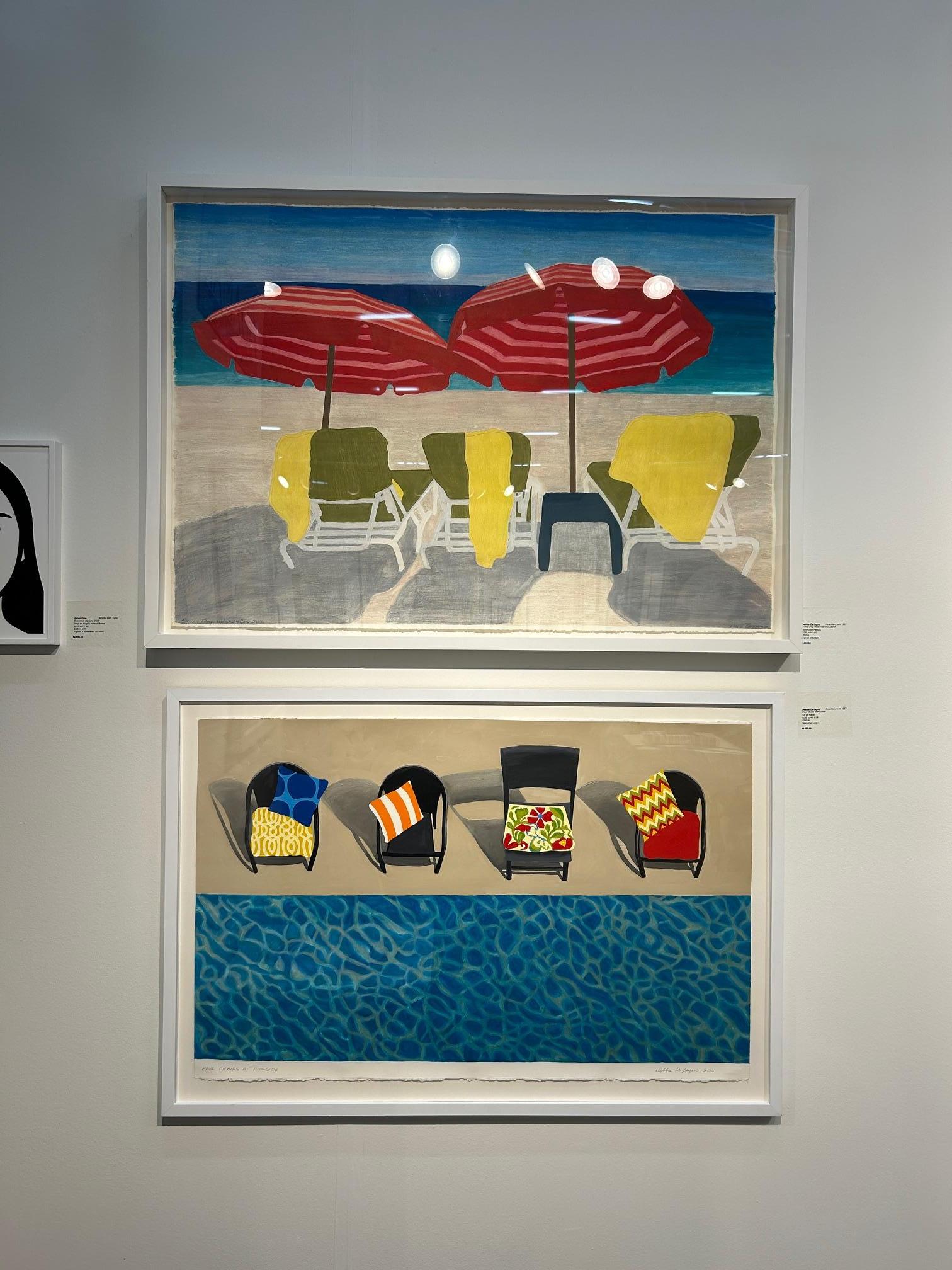 Este trabajo es el estudio para Sillas de piscina.  Son sillas diferentes y también de colores vivos, pero pintadas sobre tabla y enmarcadas.  Esta obra es sólo para interiores y está bellamente enmarcada con paspartú y un marco de madera negra. 