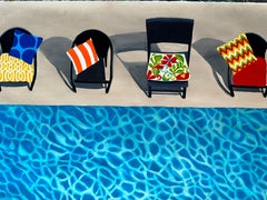 Contemporáneo Único Azul Rojo Piscina con Sillas Escena Cuatro Sillas junto a la Piscina