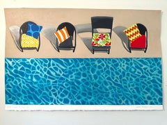 Contemporary Unique Blue Red Pool with Chairs Scene Four Chairs by Poolside