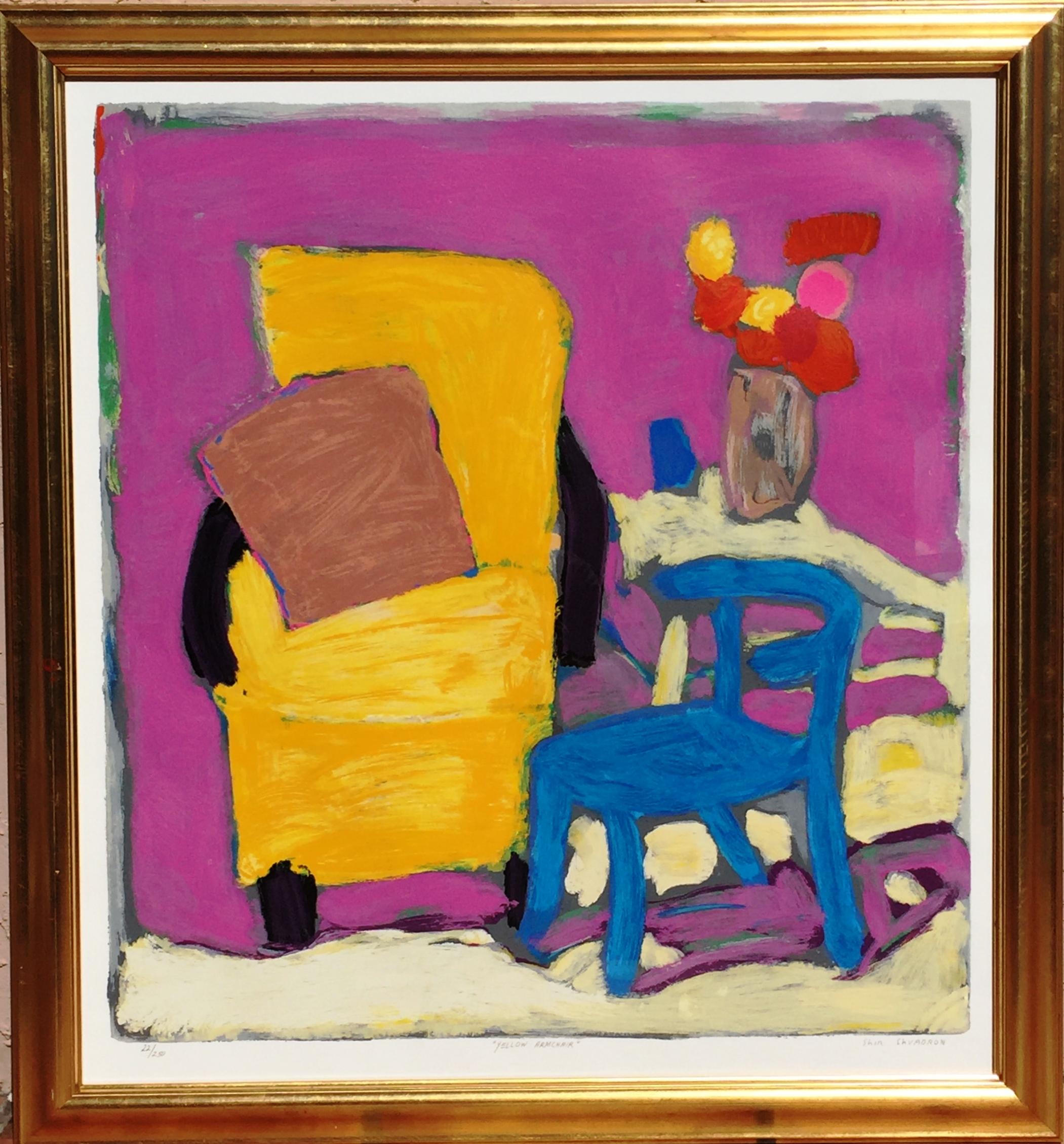 Yellow Armchair Blue Pink Contemporary Still Life Raised Silkscreen - Print by Shir Shvadron