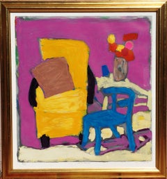 Yellow Armchair Blue Pink Contemporary Still Life Raised Silkscreen