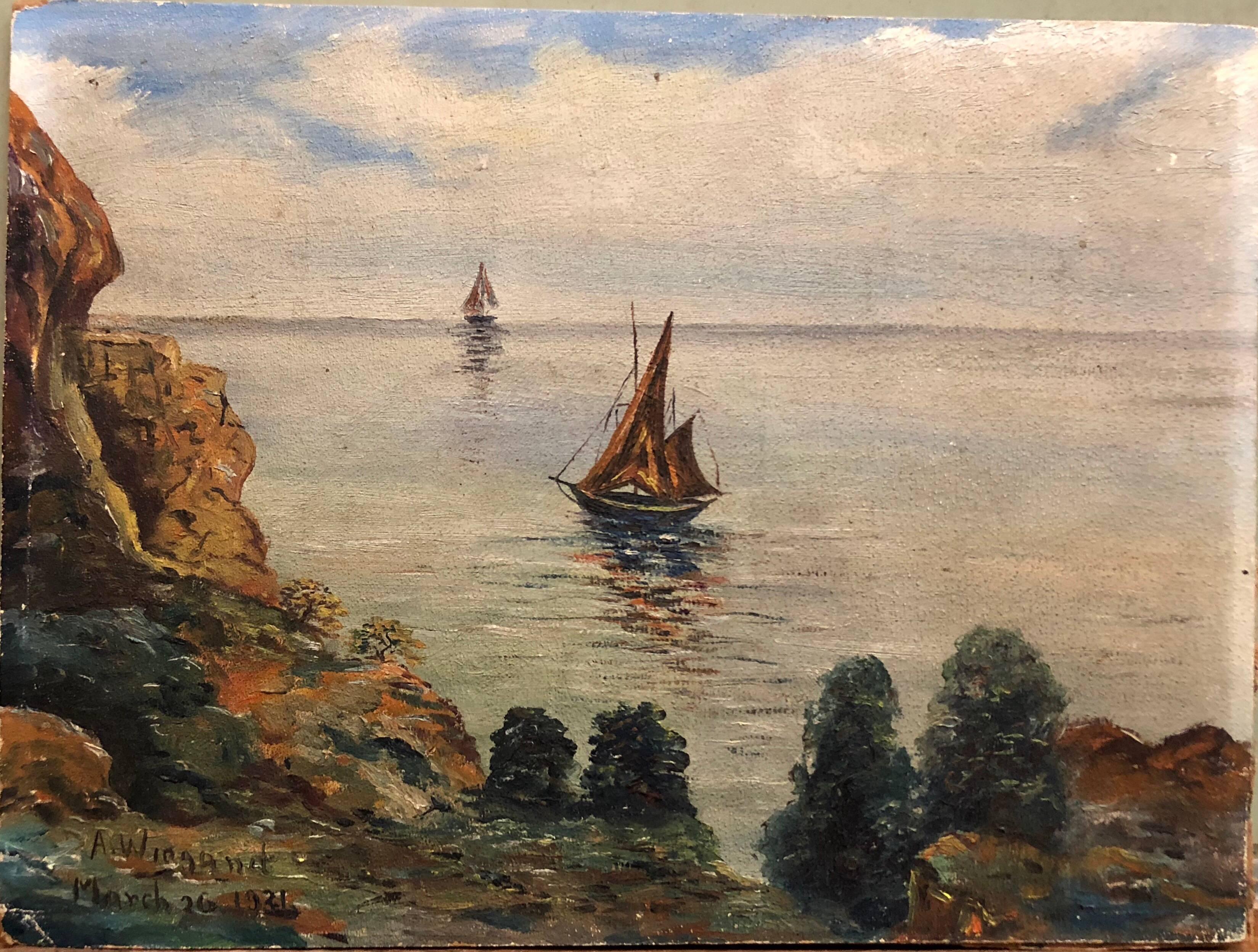 Unknown Landscape Painting - Idyllic Modernist Marine Scape Boat with Cliffs Oil Painting