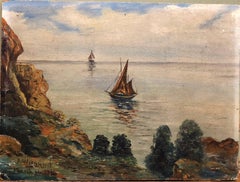 Idyllic Modernist Marine Scape Boat with Cliffs Oil Painting