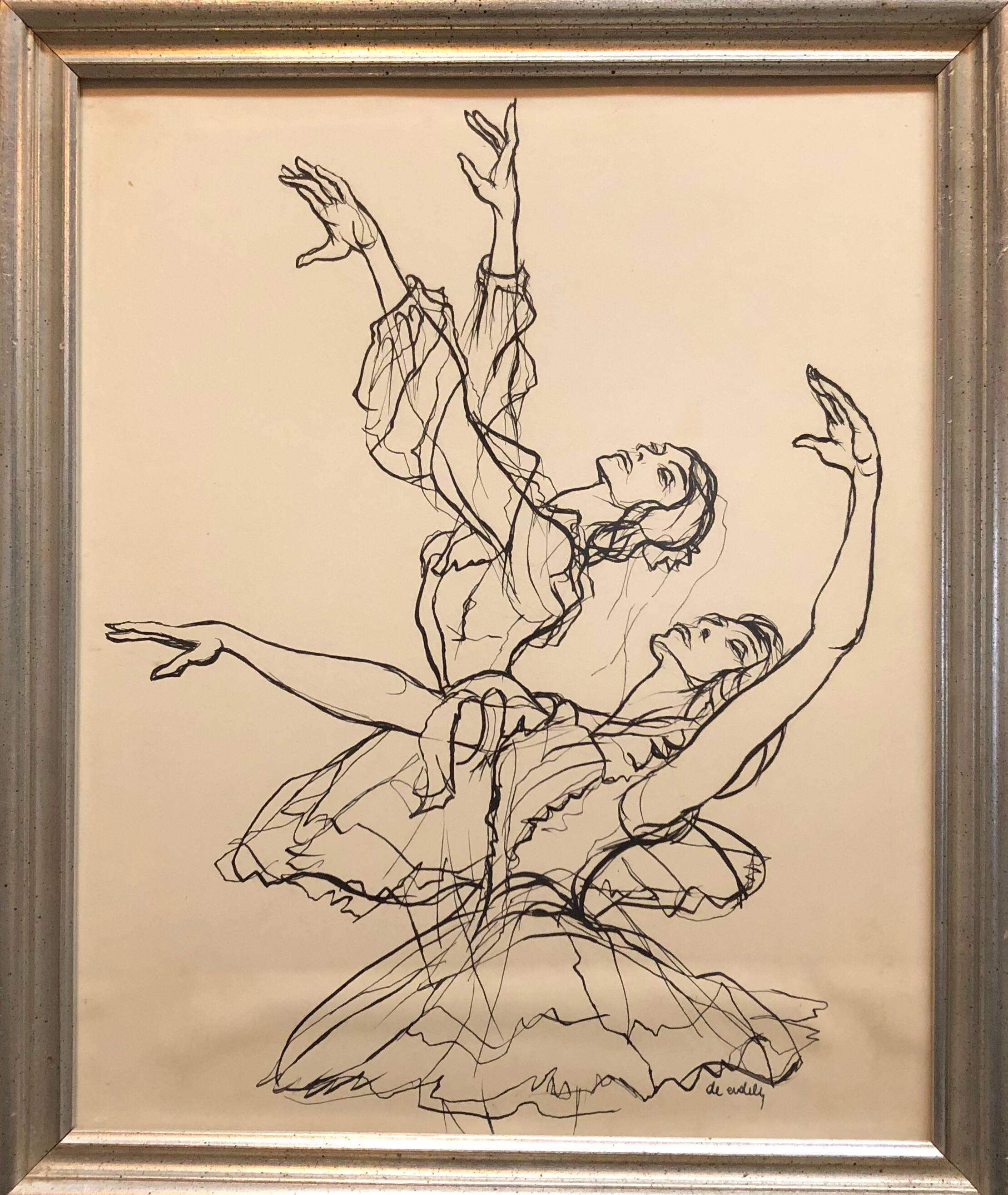 Francis De Erdely Figurative Art - California Modernist Ballet Dancers Ink Drawing