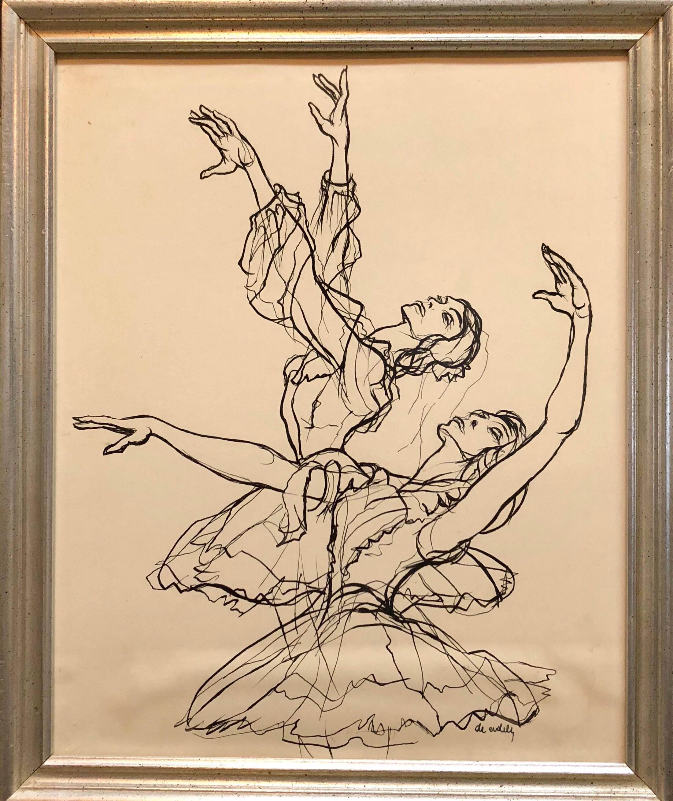 California Modernist Ballet Dancers Ink Drawing - Art by Francis De Erdely