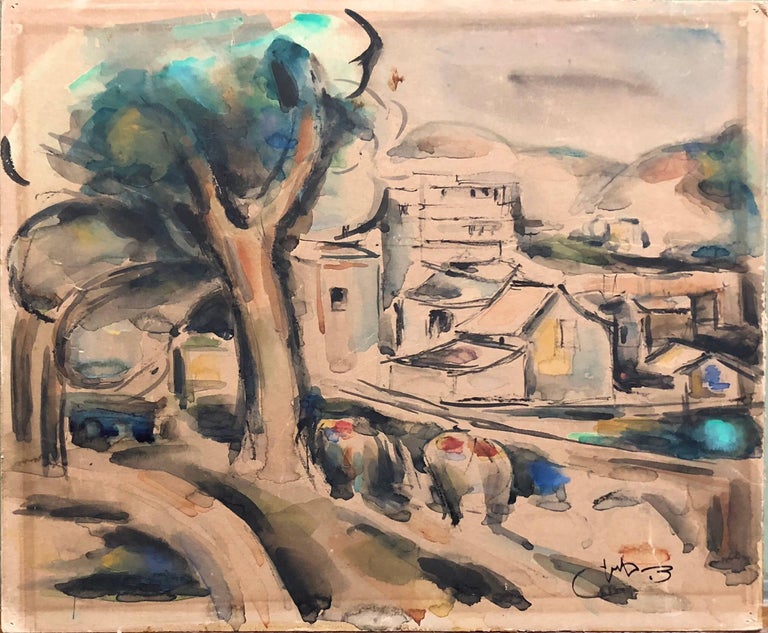 Dov Bousani Landscape Art - Landscape Watercolor Painting, Paris France, Jewish Yemenite Israeli Artist