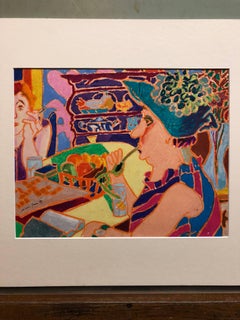 Vibrant Colorful Drawing in Oil Pastel Women in Cafe