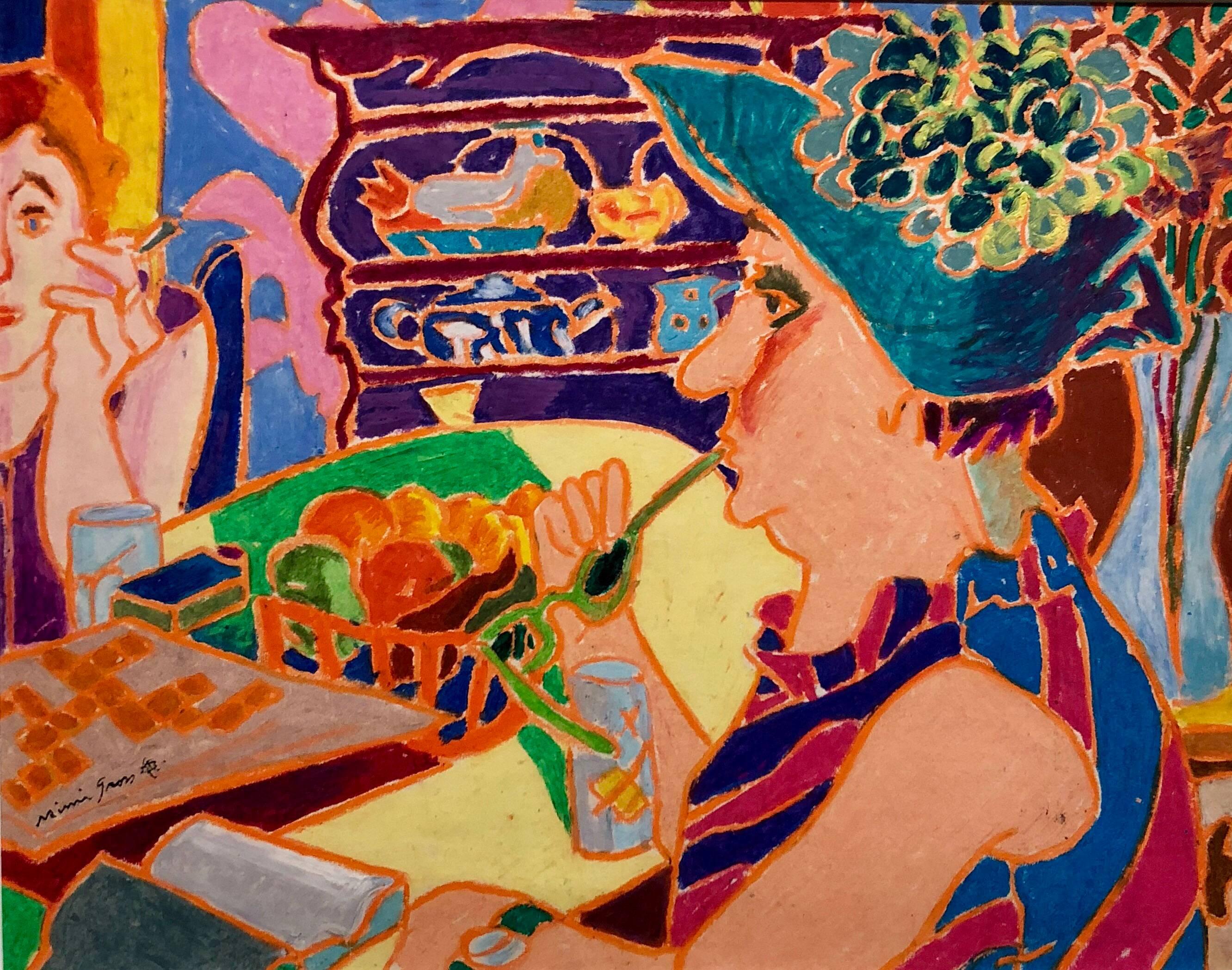 Mimi Gross Interior Art - Vibrant Colorful Drawing in Oil Pastel Women in Cafe