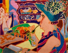 Vibrant Colorful Drawing in Oil Pastel Women in Cafe