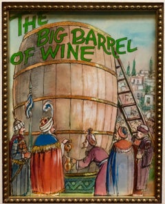 Barrel of Wine, Original Watercolor and Ink Illustration Important Chabad Artist