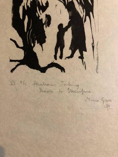 Woodcut Print, 'Abraham Teaching Isaac' Bible Scene Signed Small Edition