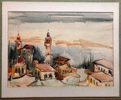 Aquarelle moderniste israélienne des années 1940, peinture à l'aquarelle d'un paysage de port de l'école Bezalel
