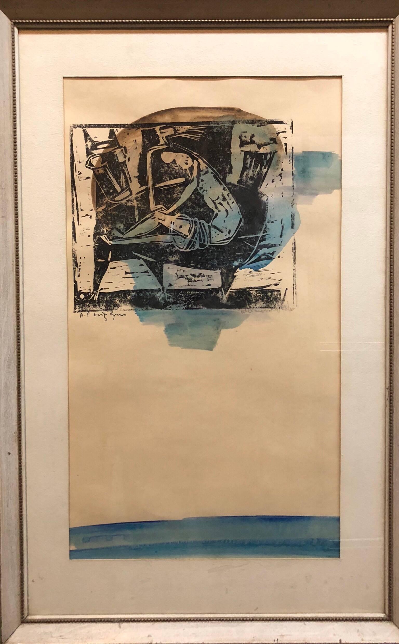 Stefan Alexander Abstract Drawing - Abstract with Figures Israeli Mid Century Modernist Woodcut Watercolor Painting