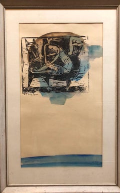 Peinture à l'aquarelle abstraite avec figures israélienne moderniste du milieu du siècle dernier, gravure sur bois