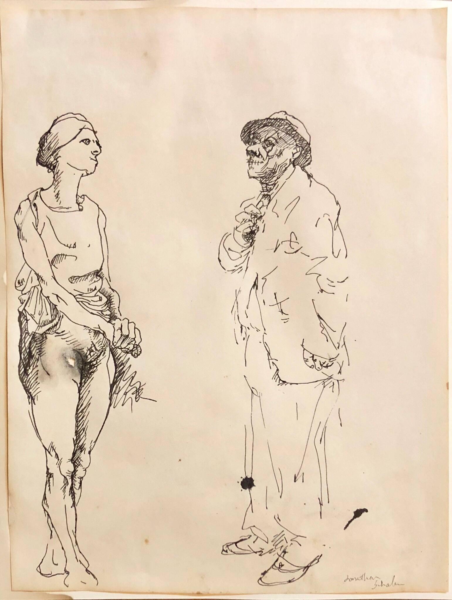 Ink Drawing Man in Suit and Hat with Nude