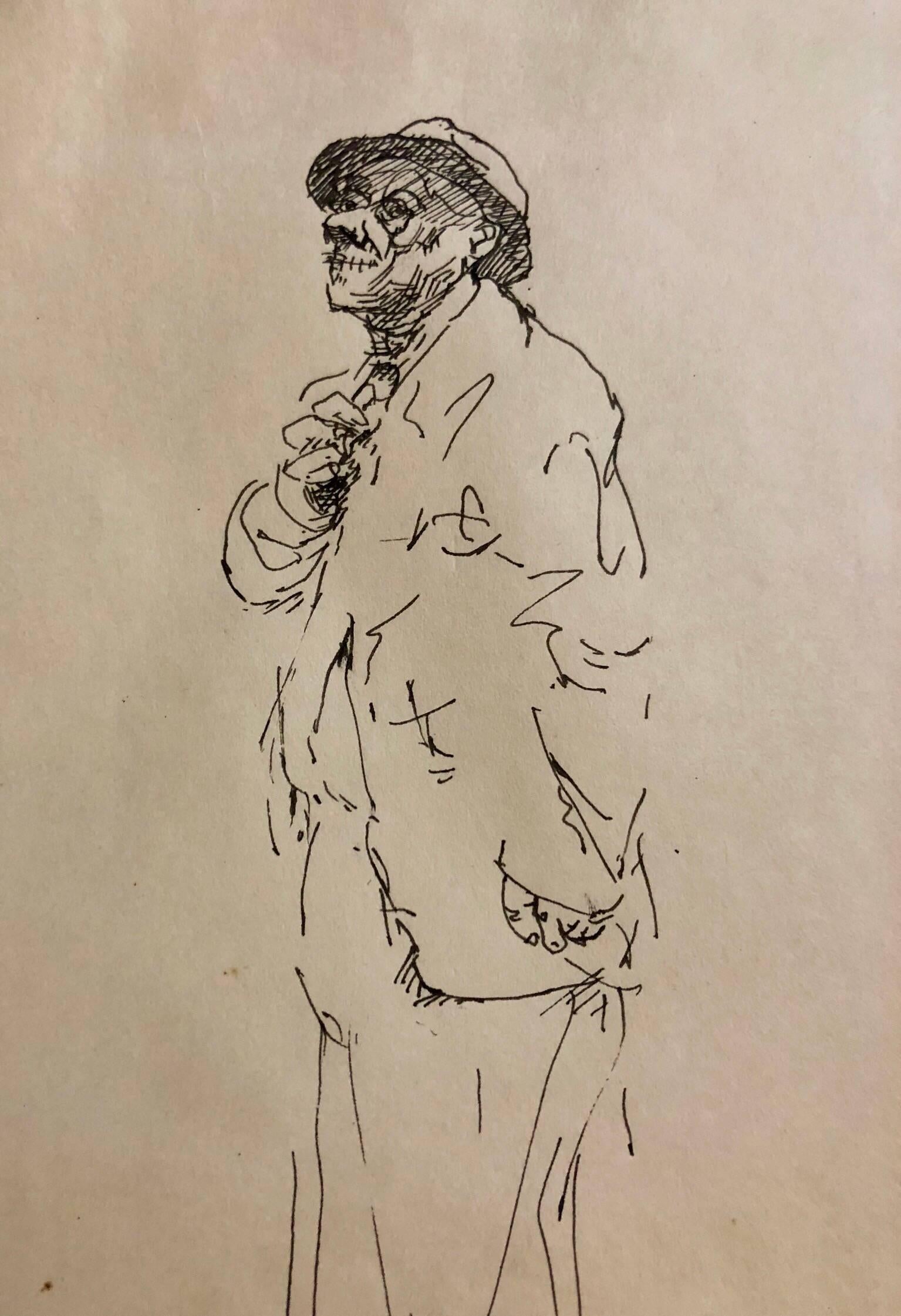 Tintenzeichnung Mann in Anzug und Hut mit Akt (Beige), Figurative Art, von Jonathan Shahn
