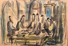 Rabbis Studying In Synagogue, Old Jerusalem, Judaica Painting