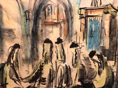 Rabbis Studying In Synagogue, Old Jerusalem, Judaica Painting