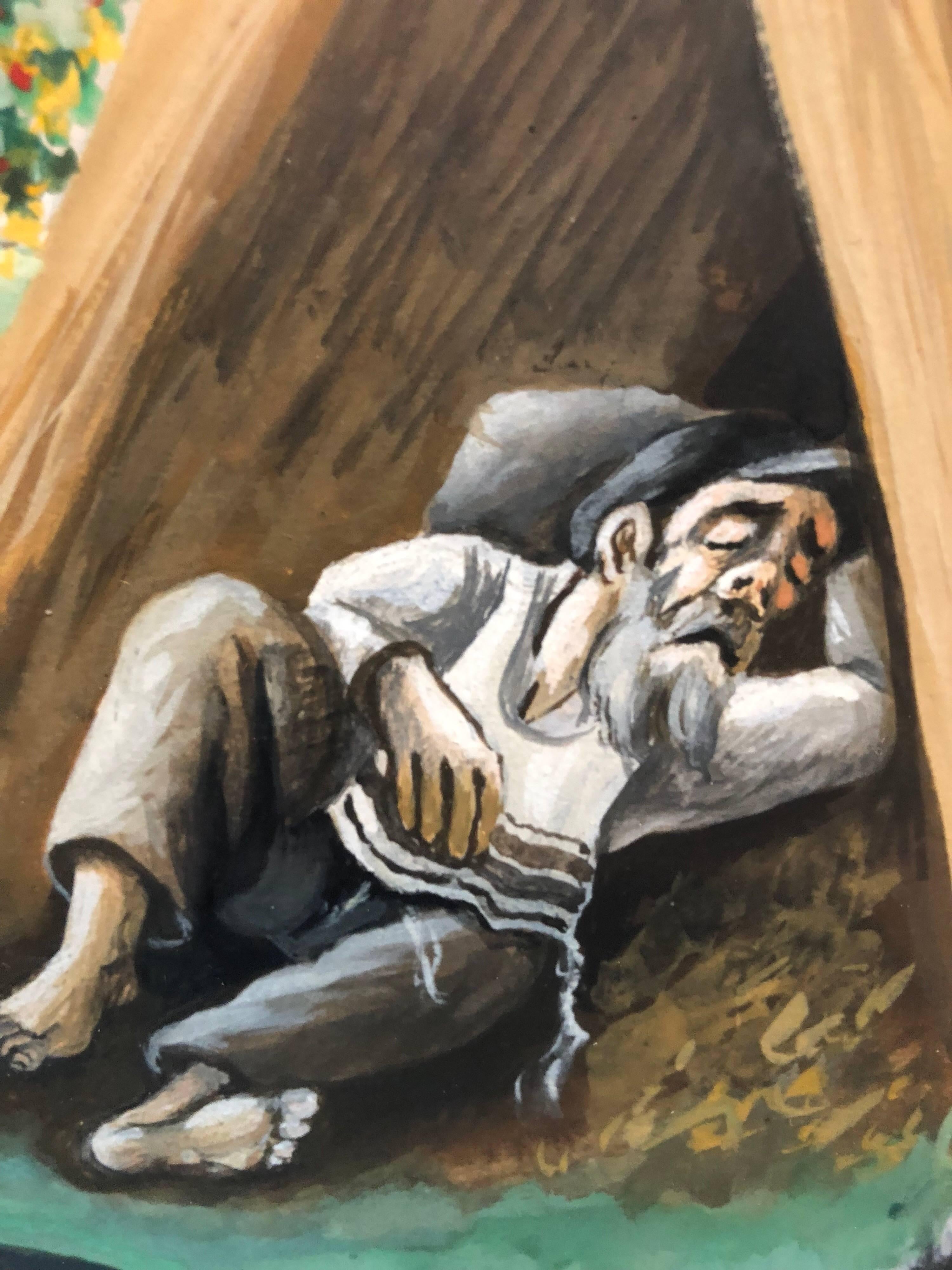 An original signed gouache painting. it is signed in Hebrew (Yiddish).
it depicts a Chossid in tzitzit sleeping in an apple orchard with his wife and a sleeping dog. Laden with hasidic mysticism.
Chenoch Hendel Lieberman (1900 – 1976), born Chenoch