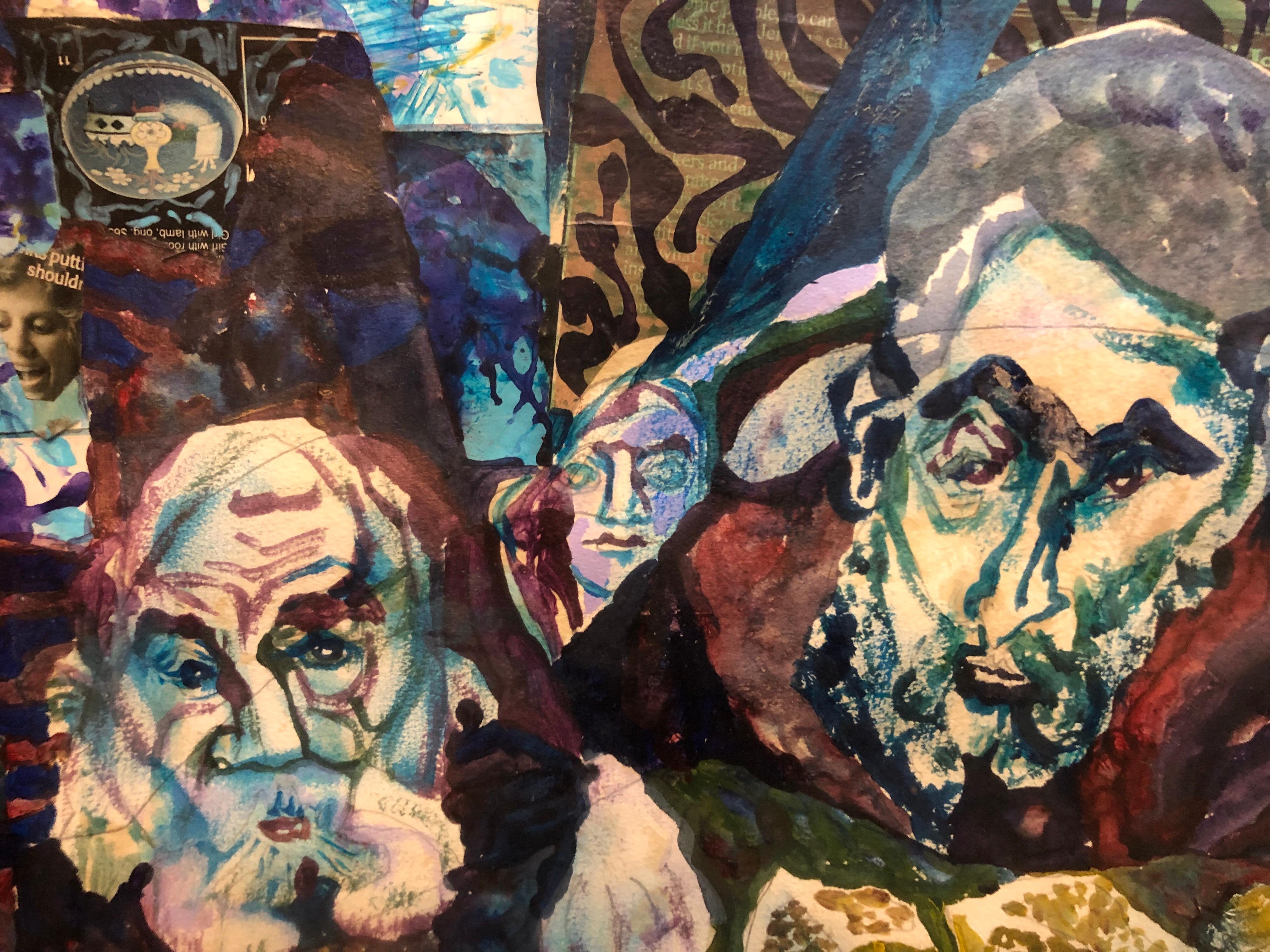 Assemblage Collage Painting Outsider Art Rabbis Studying, Jerusalem 2