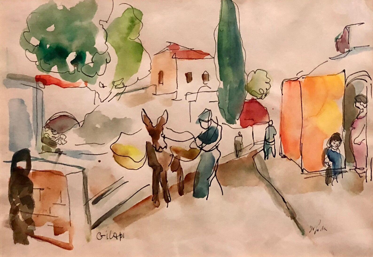 Aharon Giladi Figurative Art - Old Yishuv, Israel, Watercolor Painting Israeli Modernist Kibbutz Artist